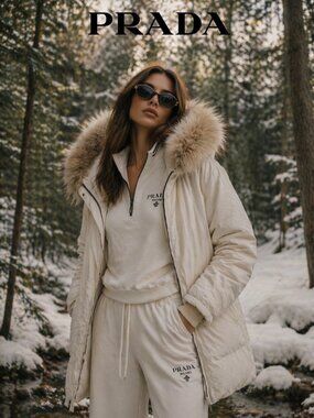 PRADA Sport Linea Rossa Gore-Tex Jacket Womens 42 White Real Fur Hood Nylon Coat